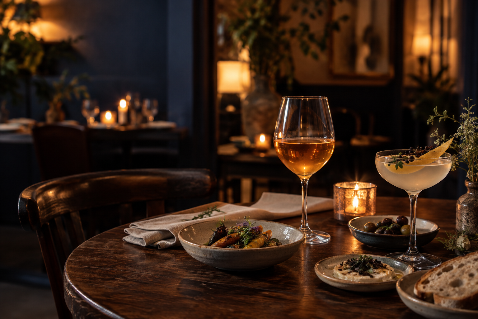 A warmly lit table with natural wine and a Yunnan-inspired cocktail at HSE Bistro
