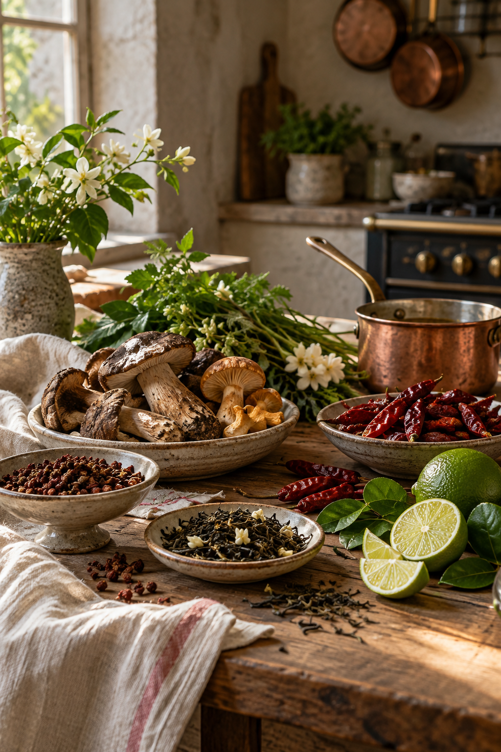Yunnan mushrooms, chillies, mountain pepper, herbs and tea arranged on a kitchen table